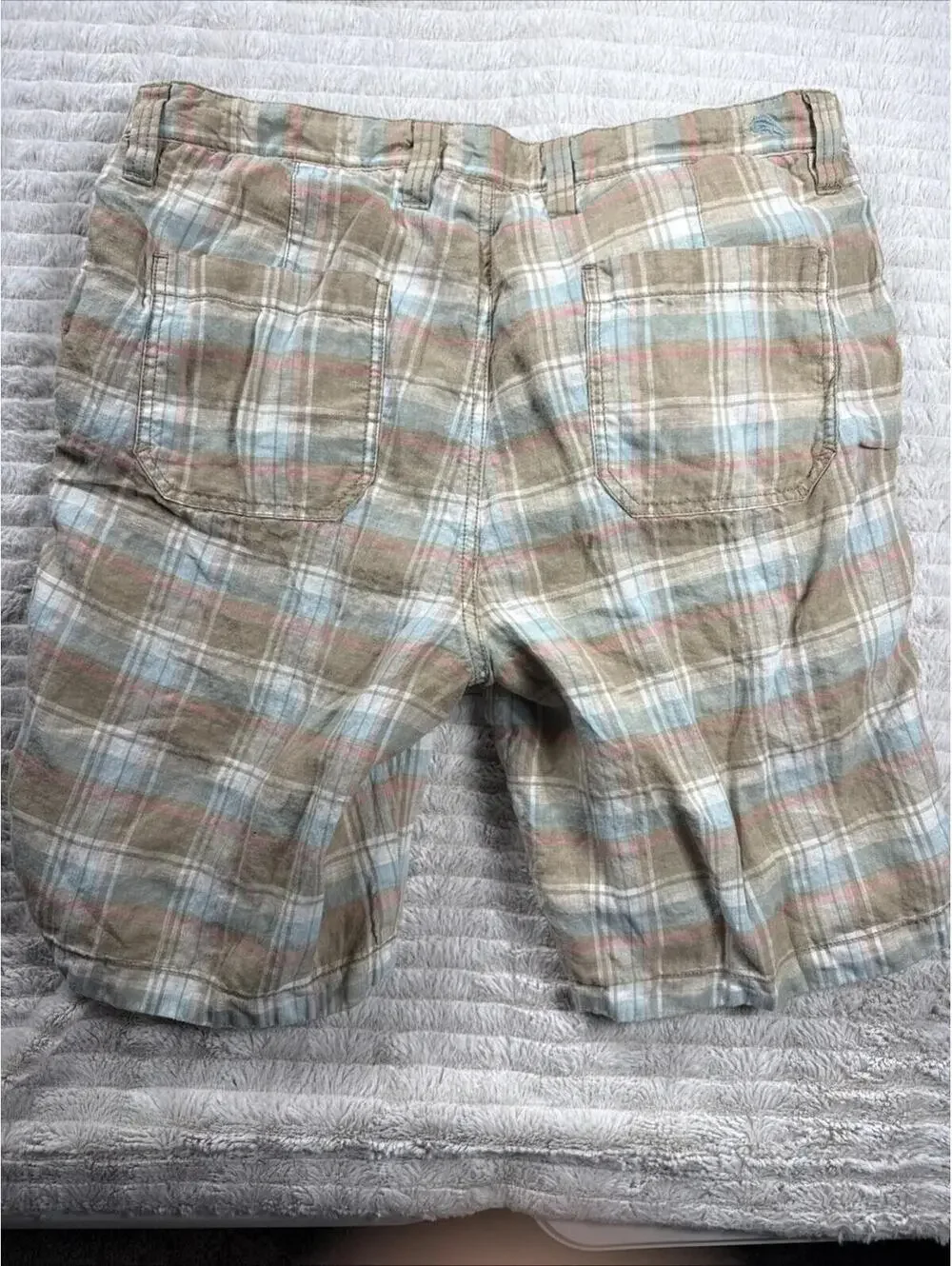 Tommy Bahama Shorts Mens‎ 32x9” Beige Plaid Reversible Green 100% Linen Summer
